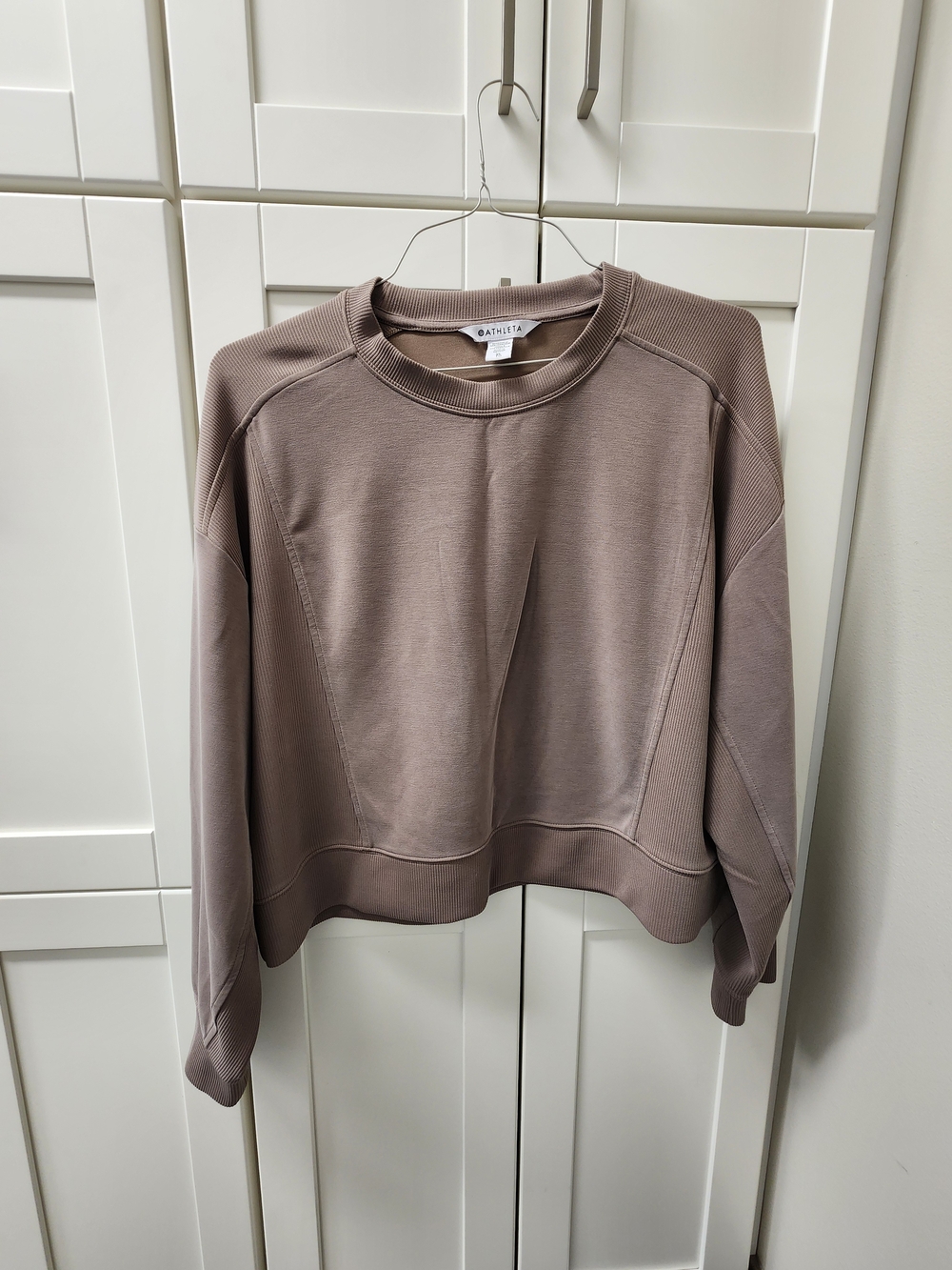 Athleta Seasoft Rib Crewneck Sweatshirt Womens XL Pyrite Taupe Tencel Modal